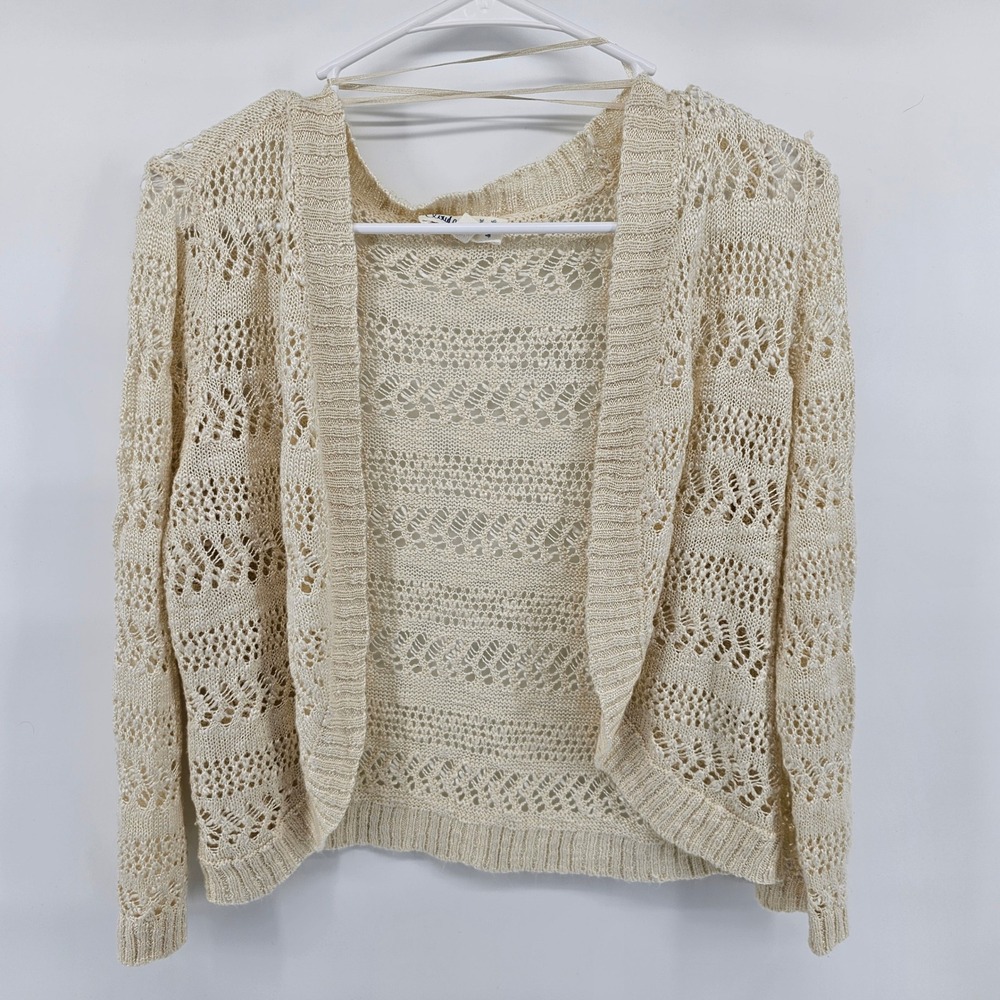 Cloud Chaser Cardigan Womens XL Cream Crochet Open Front Pointelle Knit Shrug